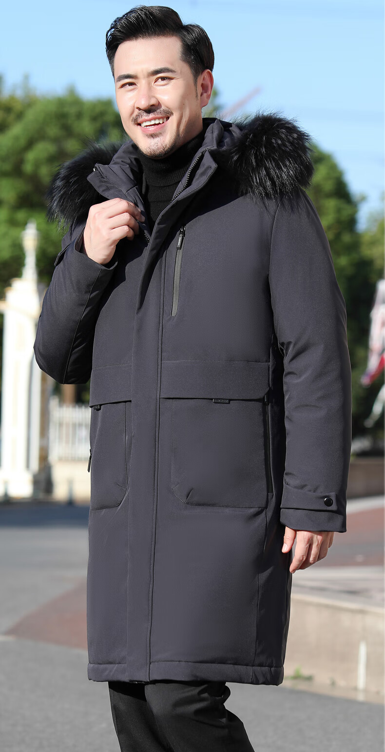 恒源祥品牌男装中年服男长款过膝白鸭绒派克服可脱卸内胆爸爸冬装外套