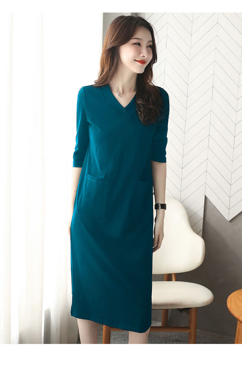 孔雀蓝连衣裙气质洋气时尚纯色五分袖春夏装2020流行女装新款夏款 中