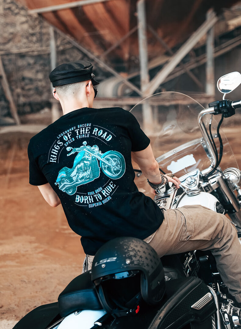 哈雷复古摩托车短袖t恤美式硬汉重机车车迷骑行t恤短袖男体恤衫工装t