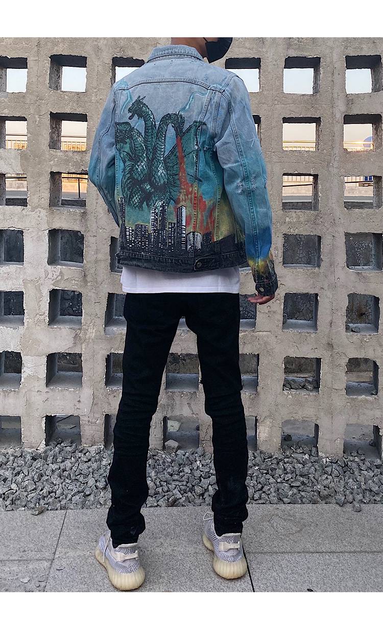 amiri牛仔外套男三头龙基多拉恐龙水洗破洞扎染牛仔开衫夹克男秋冬季