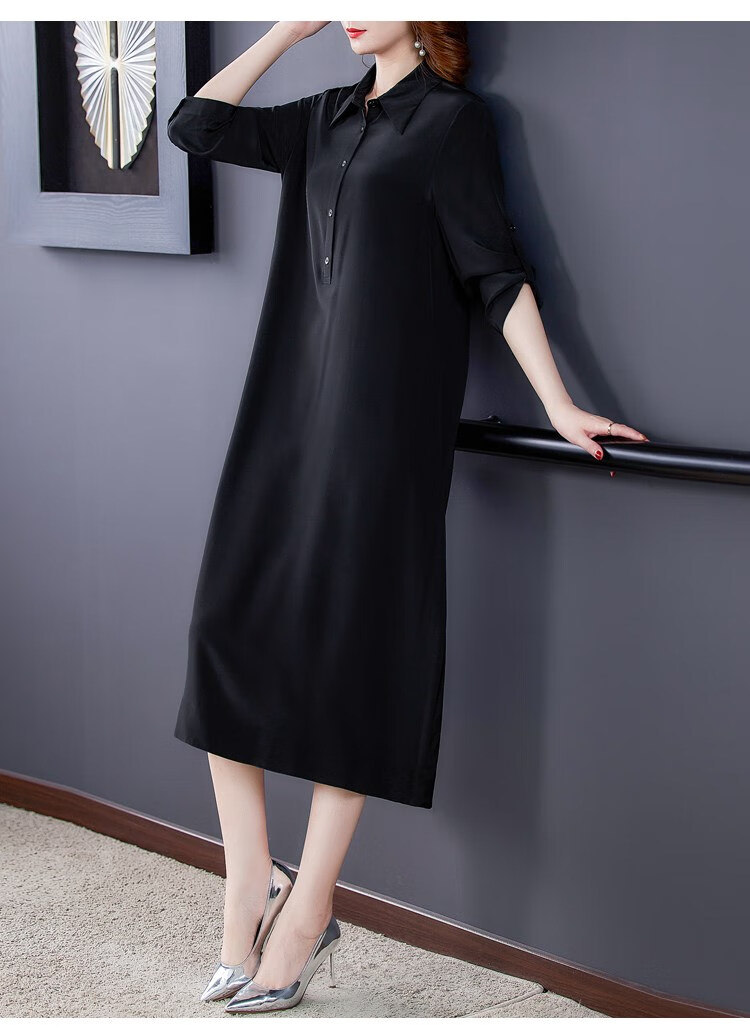 【高档品牌】高端品牌国潮连衣裙杭州丝绸黑色重磅真丝连衣裙女长款