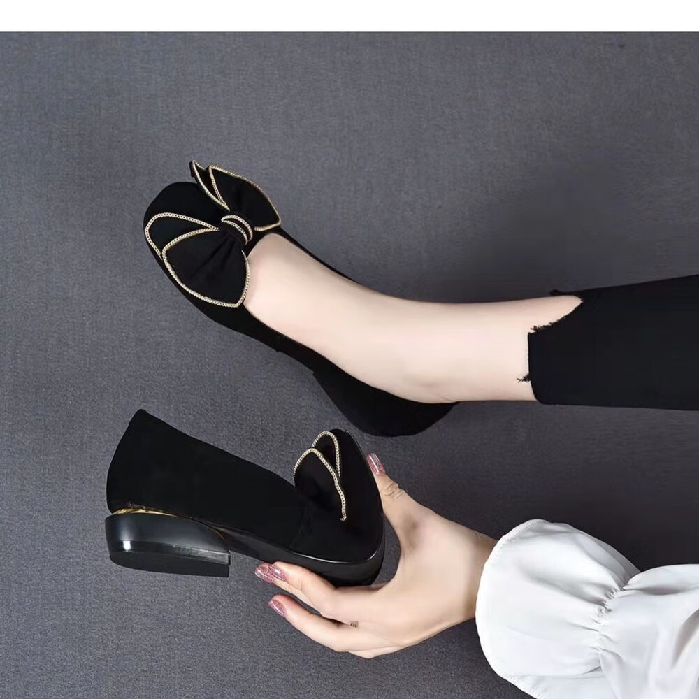 哈妮女鞋蝴蝶结真皮豆豆鞋2022春季新款磨砂羊皮平底软皮女单鞋 黑色