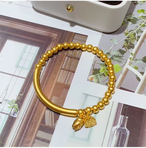 妙灵阁 古法金弯管黄金手链珠珠款5mm手串小挂坠999足金莲花莲蓬diy古