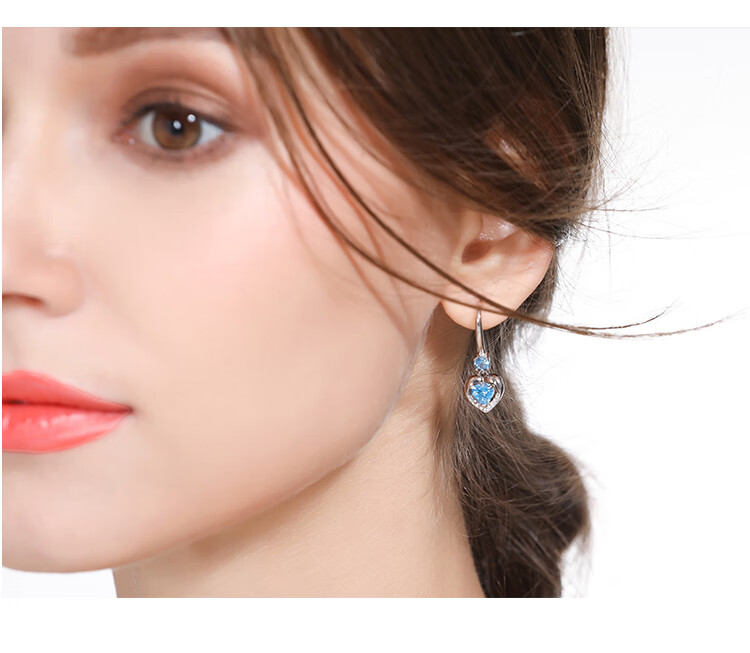 miqiao海洋之心925耳环女时尚爱心形长款银耳钉女生韩版学生气质女士