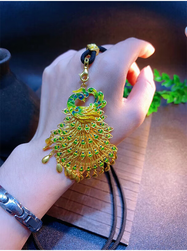 老凤凰古法金烧蓝孔雀吊坠黄金挂绳女款毛衣链尼龙绳项链999足金传承