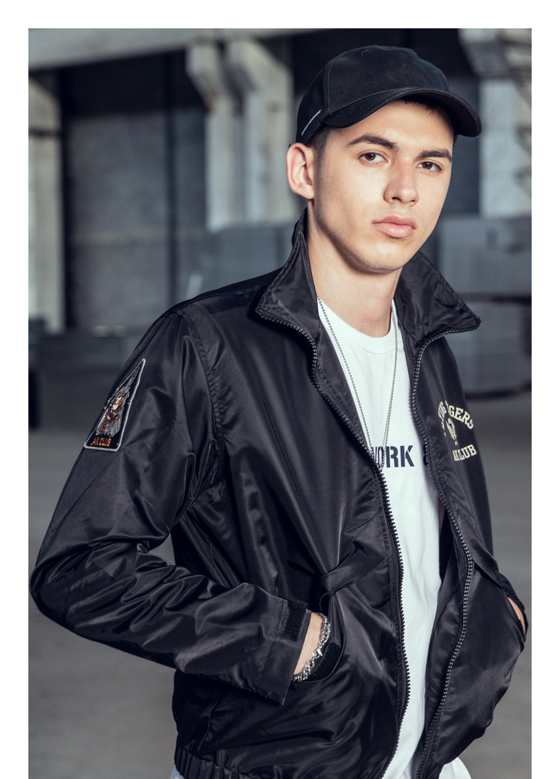 ak男装复古立领飞行夹克男短版修身简约百搭休闲外套2004249 黑色 xxl