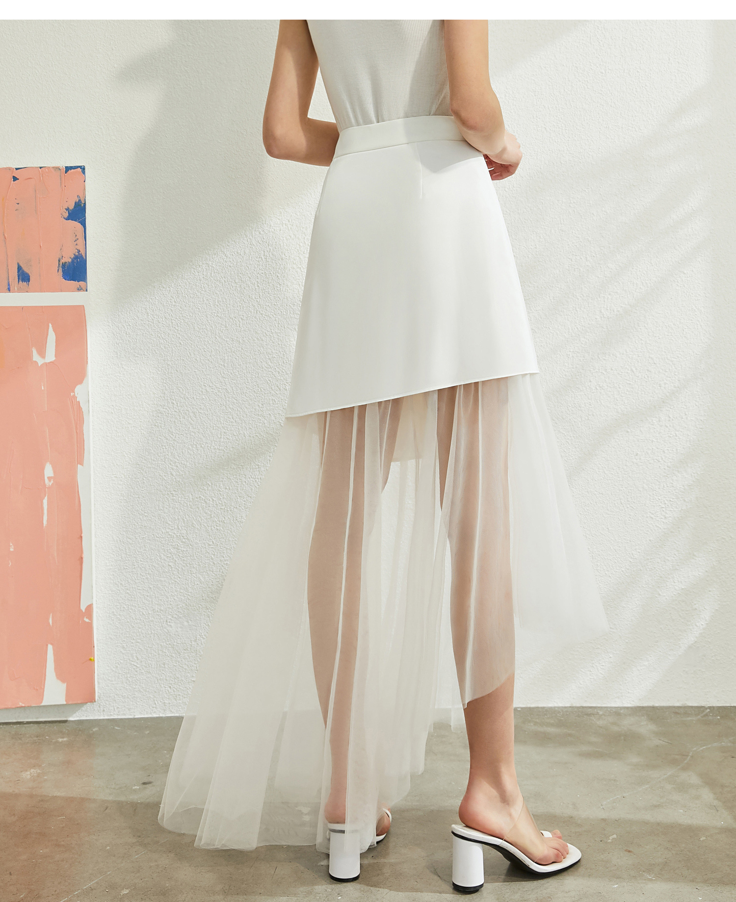 amii极简透薄网纱优雅时尚半身裙2020夏新款不规则显腿长裙子 夜黑