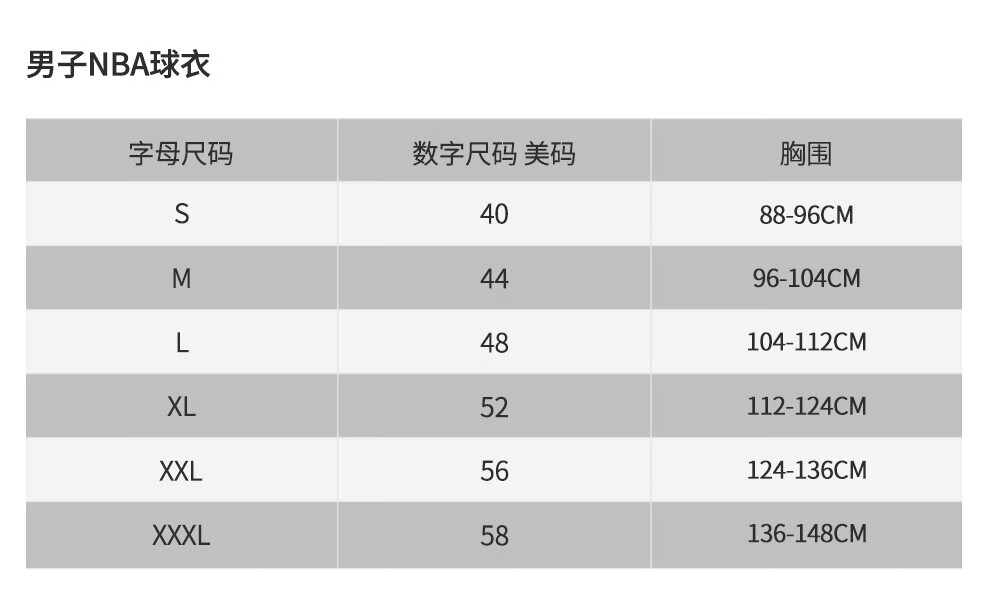 nike篮球衣尺码对照表图片