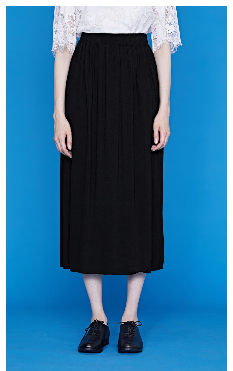 sdeer2020夏季新品休闲松紧细褶波浪裙摆纯黑长裙s20261107 黑色/91 l