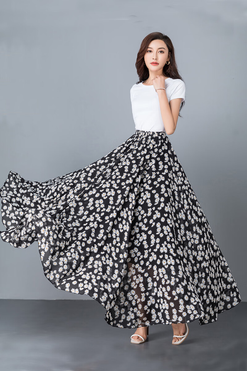 拖地长裙2020显瘦气质半身超长大摆裙太阳裙大码女黑白条纹裙 花色16