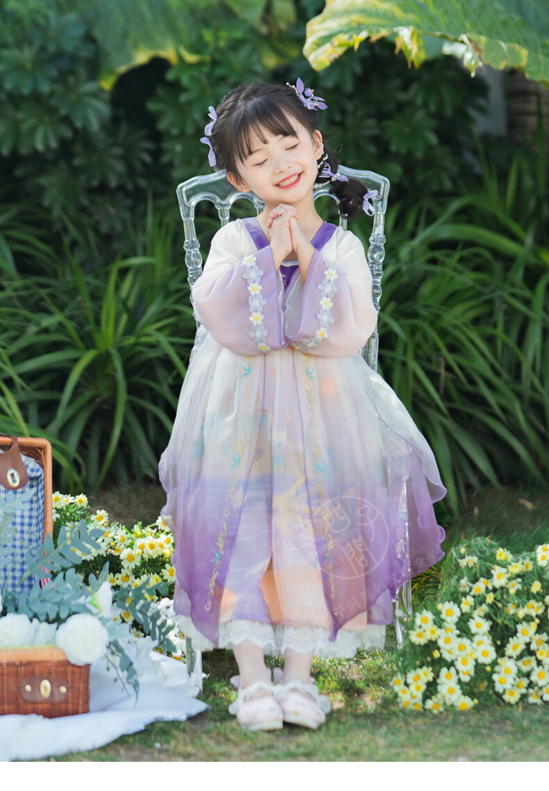 西子问汉服女童春襦裙唐装儿童古装中式仙古风礼服新款乐佩紫白丝绸