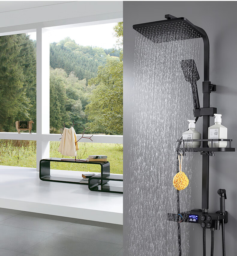 官方旗舰九牧通用黑色淋浴花洒套装数显恒温家用全铜增压喷头升降洗澡