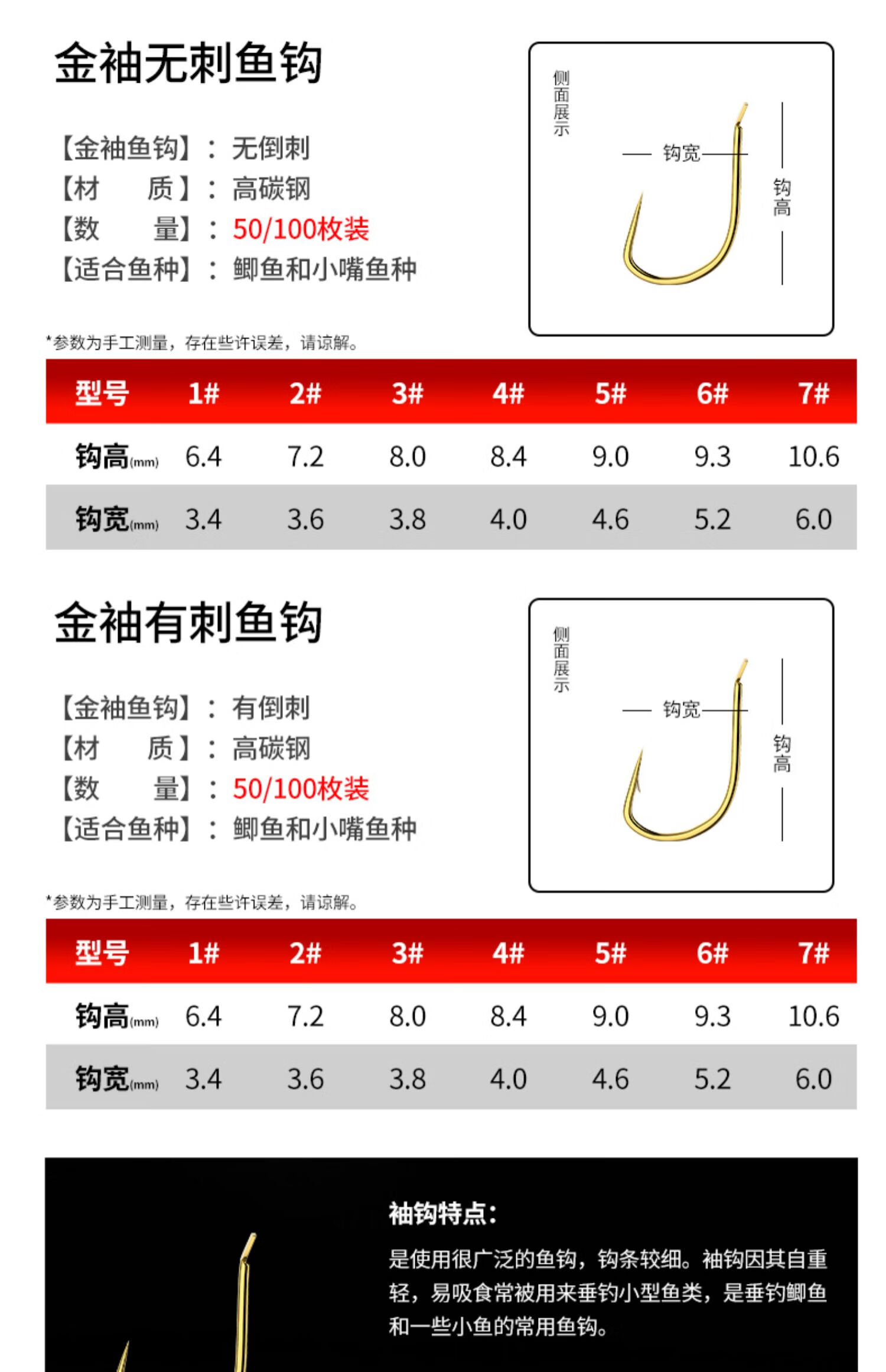 散裝伊勢尼新關東金袖釣魚鉤進口魚勾無倒刺鯽魚鉤伊豆漁鉤金袖有刺