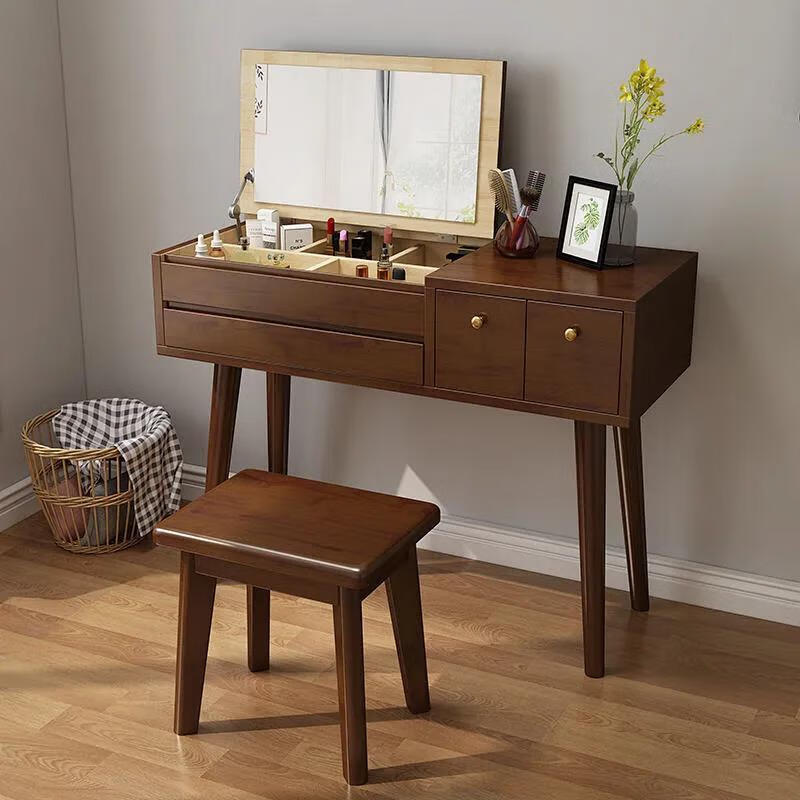 全实木梳妆台卧室网红翻盖化妆桌子一体多功能小户型镜子化妆柜台原木