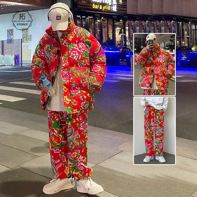 东北棉裤超厚加绒东北大花棉袄套装男冬季潮牌情侣棉服外套棉裤超厚