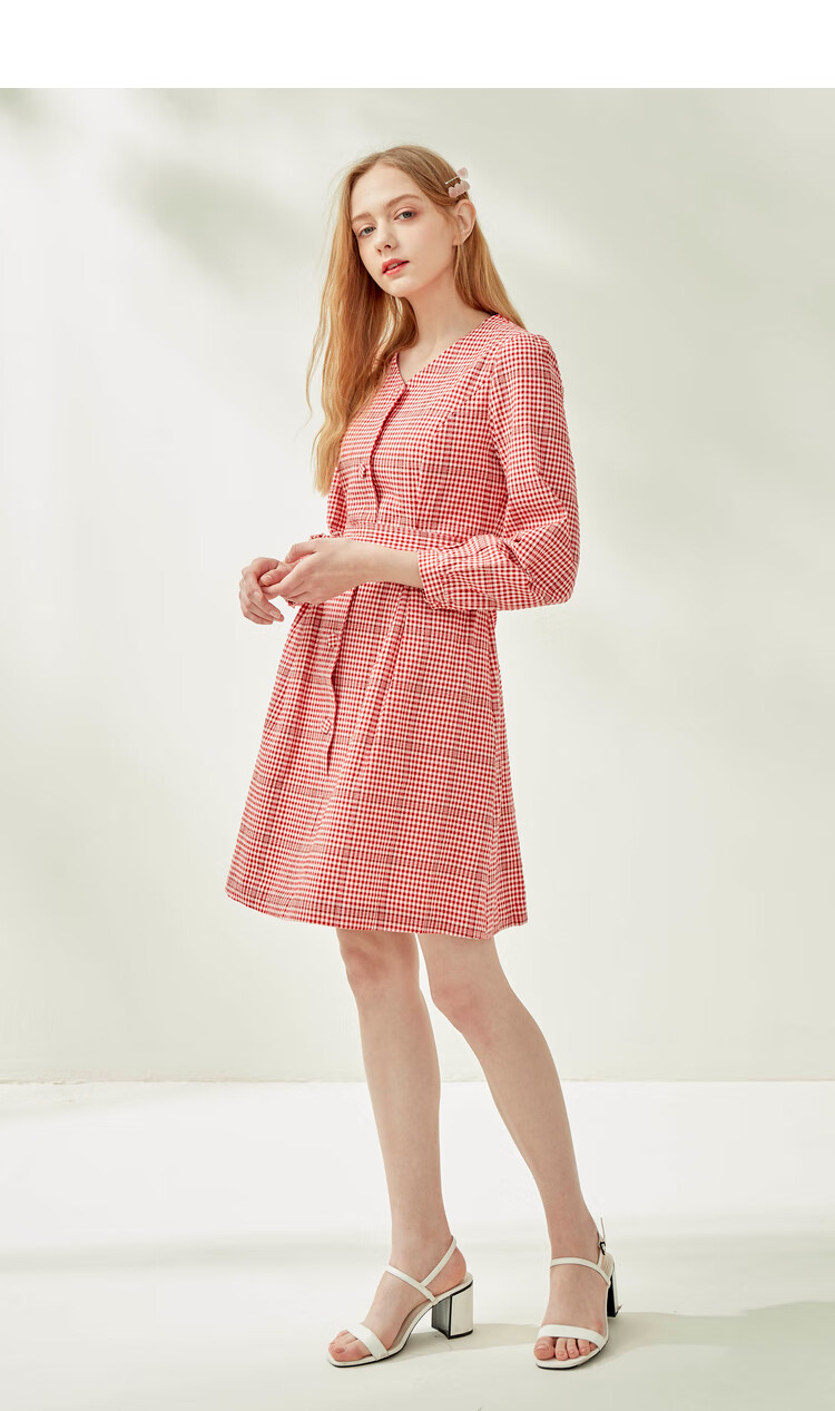 eland衣恋春夏季裙子温柔格子收腰不规则裙摆连衣裙女通勤时髦甜美