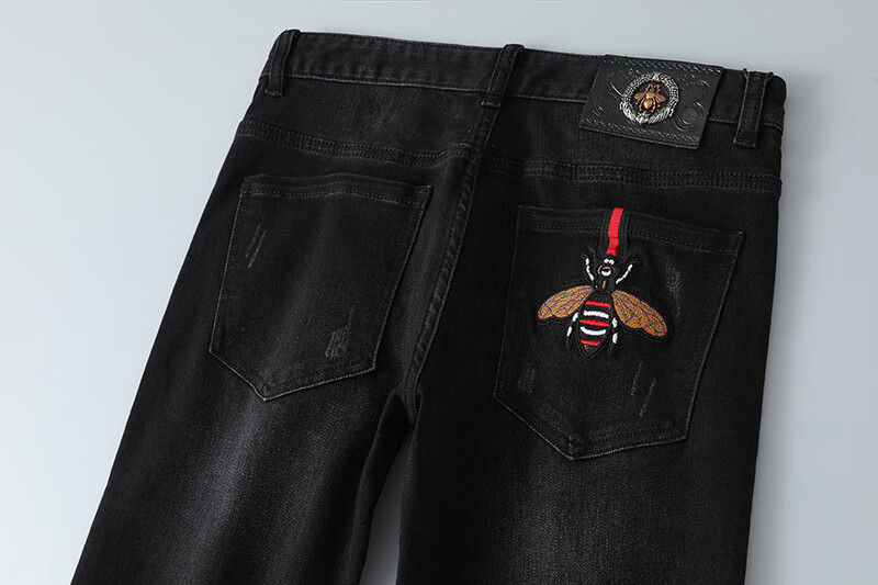 ea正品香港潮牌2020秋冬黑色新款刺绣小蜜蜂牛仔裤男个性潮流欧版牛仔