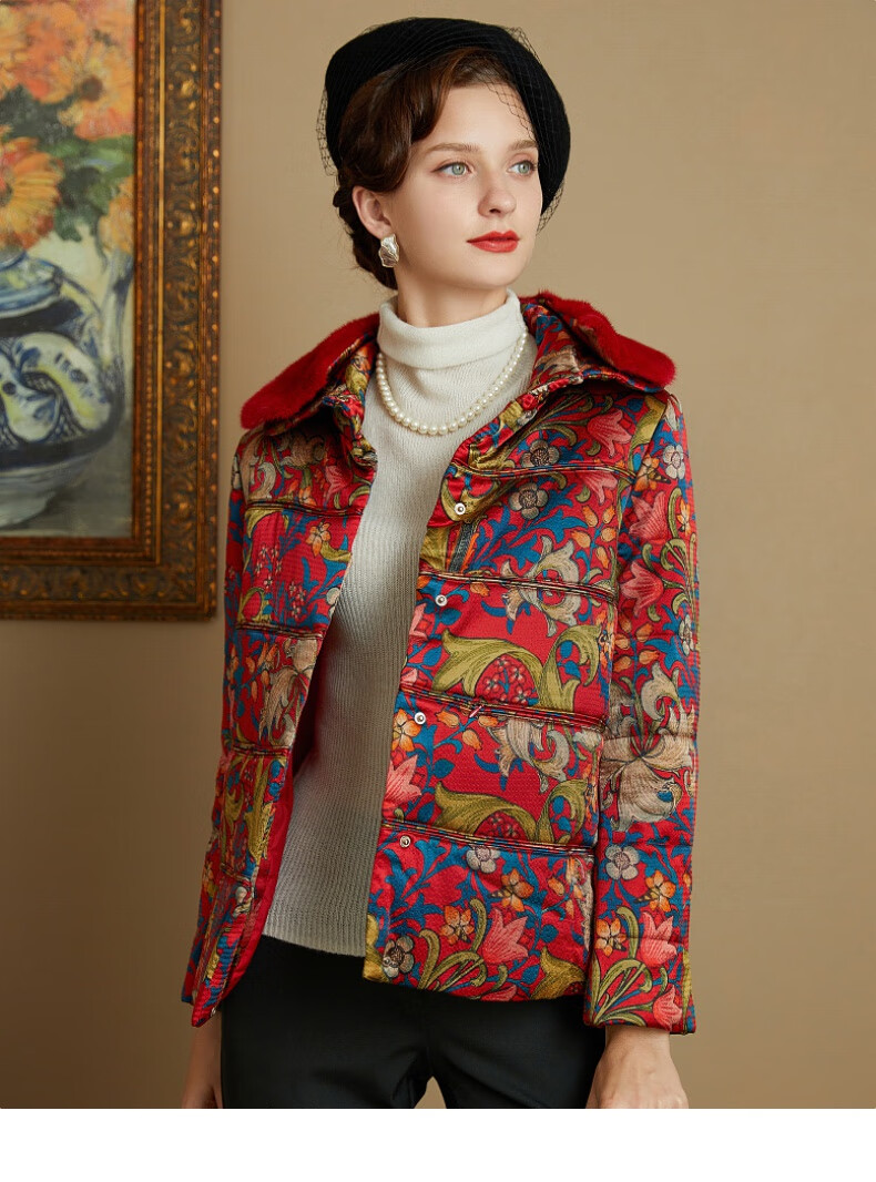 【商场同款】moreline沐兰冬季新款棉袄妈妈印花毛领棉服外套女士短款