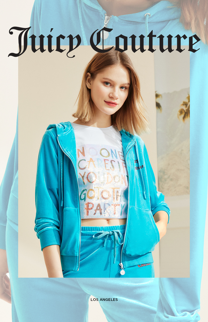 juicycouture橘滋女装轻薄连帽修身短款运动休闲天鹅绒外套女湖蓝xs