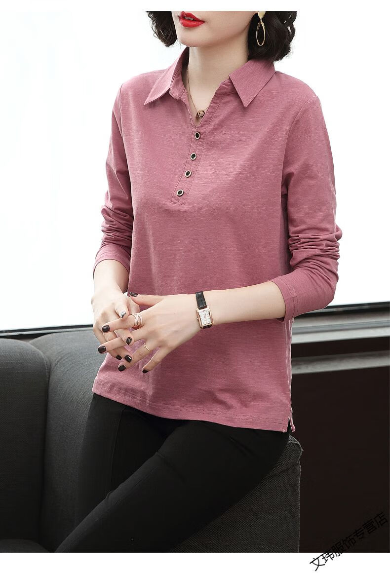 富贵鸟品牌轻奢女装上衣 长袖t恤女2020年新款夏装大码中年妈妈翻领