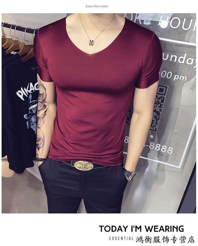 袋鼠男士冰丝无痕t恤男v领短袖修身青年薄款运动紧身夏季半袖打底衫潮