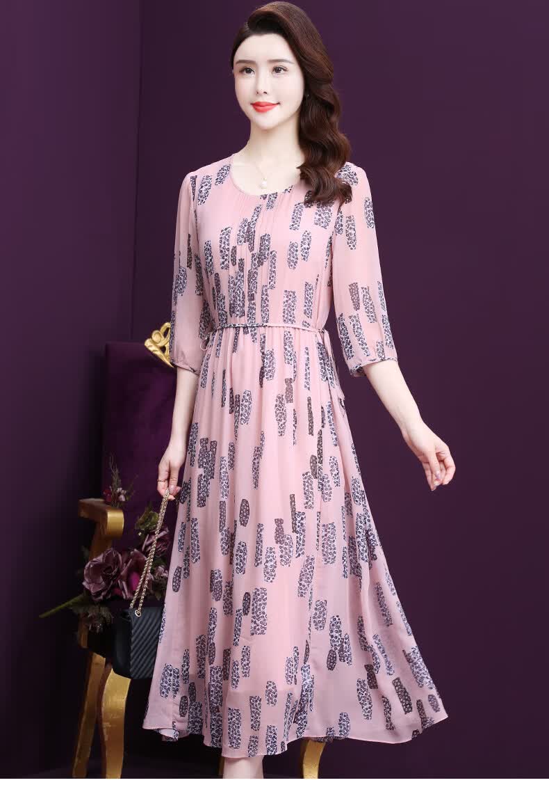 王小鸭超仙真丝连衣裙夏新款气质淑女圆领高腰显瘦长款a字裙粉色4xl