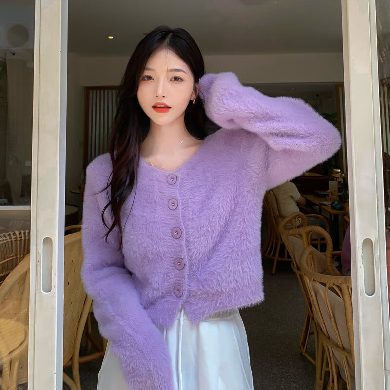 女粉色宽松毛衣外套女秋冬季2021新款甜美温柔风软糯针织开衫紫色均码