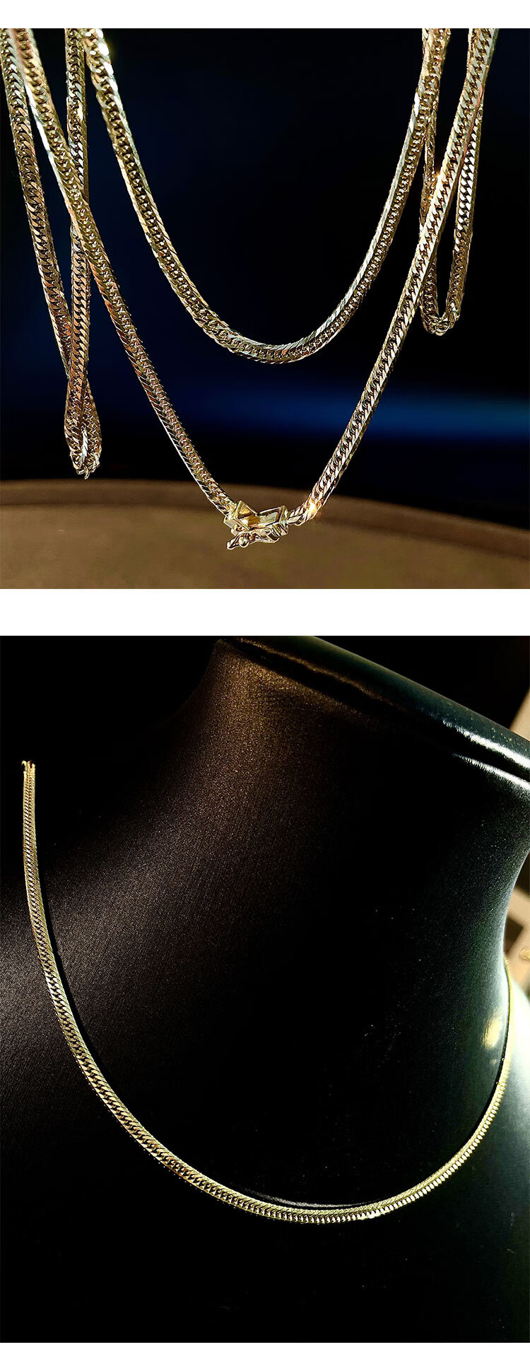 18k黄金项链 古巴平喜链 实心质感 男女款素金链 18k浅黄金色55cm10