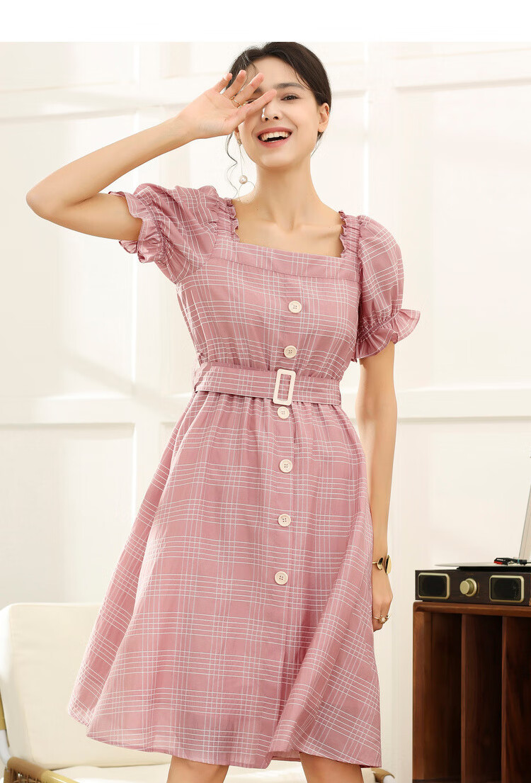 betu百图女装粉色格子方领花边短袖连衣裙桔梗法式小众长裙潮春夏新品