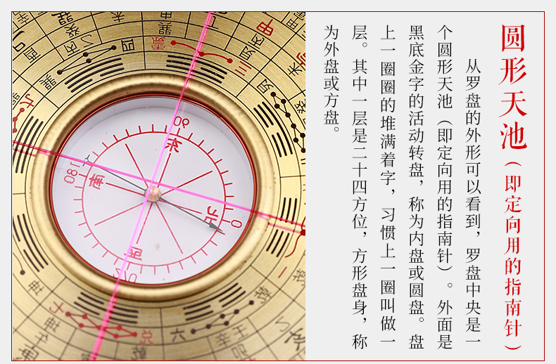 罗盘风水盘高精度纯铜摆件专业综合八卦图指南针随身携带小罗经仪 3寸