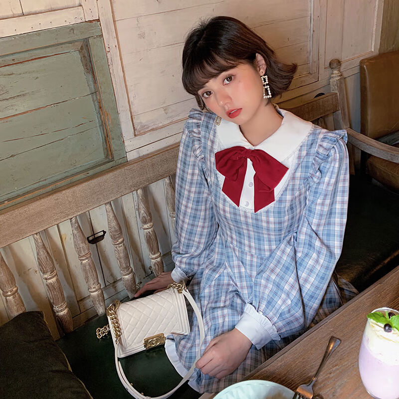女裙子秋季日系软妹可爱蝴蝶结长袖荷叶边格子公主连衣裙学生女 蓝莓