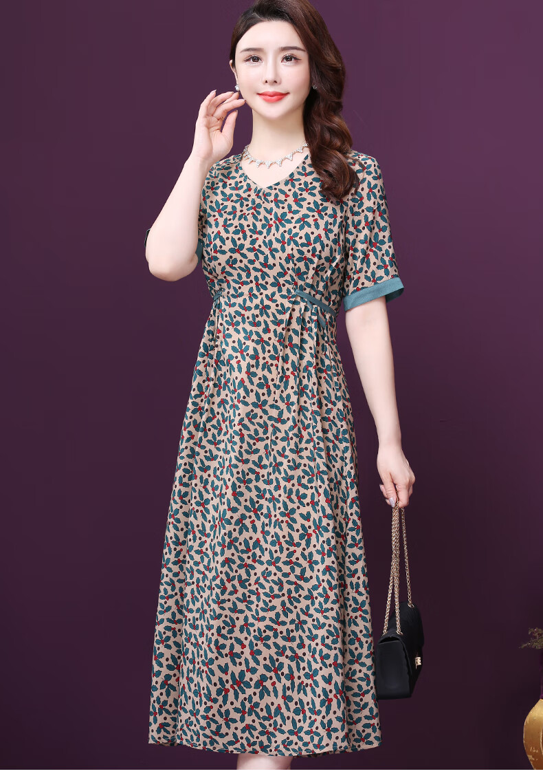 王小鸭碎花重磅真丝连衣裙女新款夏v领短袖收腰桑蚕丝裙绿色m