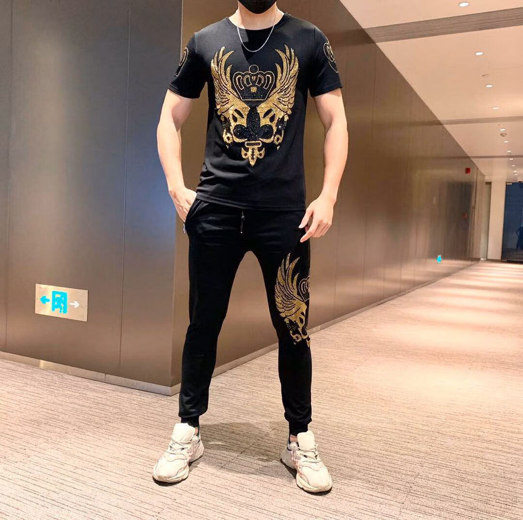 boy bees 欧洲站2020夏季潮牌烫金钻皇冠翅膀修身圆领短袖t恤男社会人