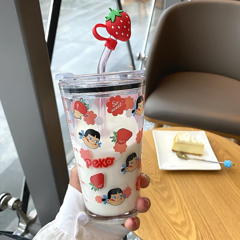 带玻璃吸管森森猫suns韩国ins日系可爱少女心草莓牛奶带刻度吸管玻璃