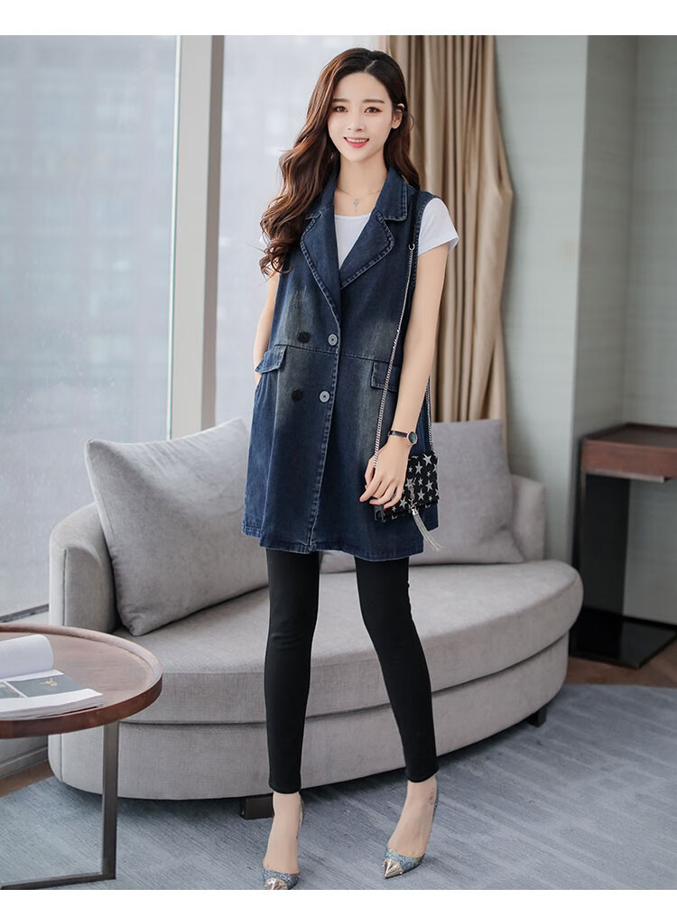 时尚女士马甲女新品牛仔马夹春秋新款中长款坎肩外套图片色s