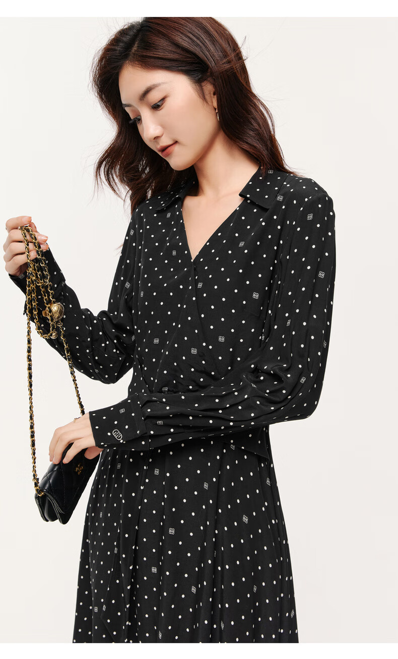 【商场同款】伊芙丽连衣裙女22年春季新款波点收腰裙子1d3190651 黑色