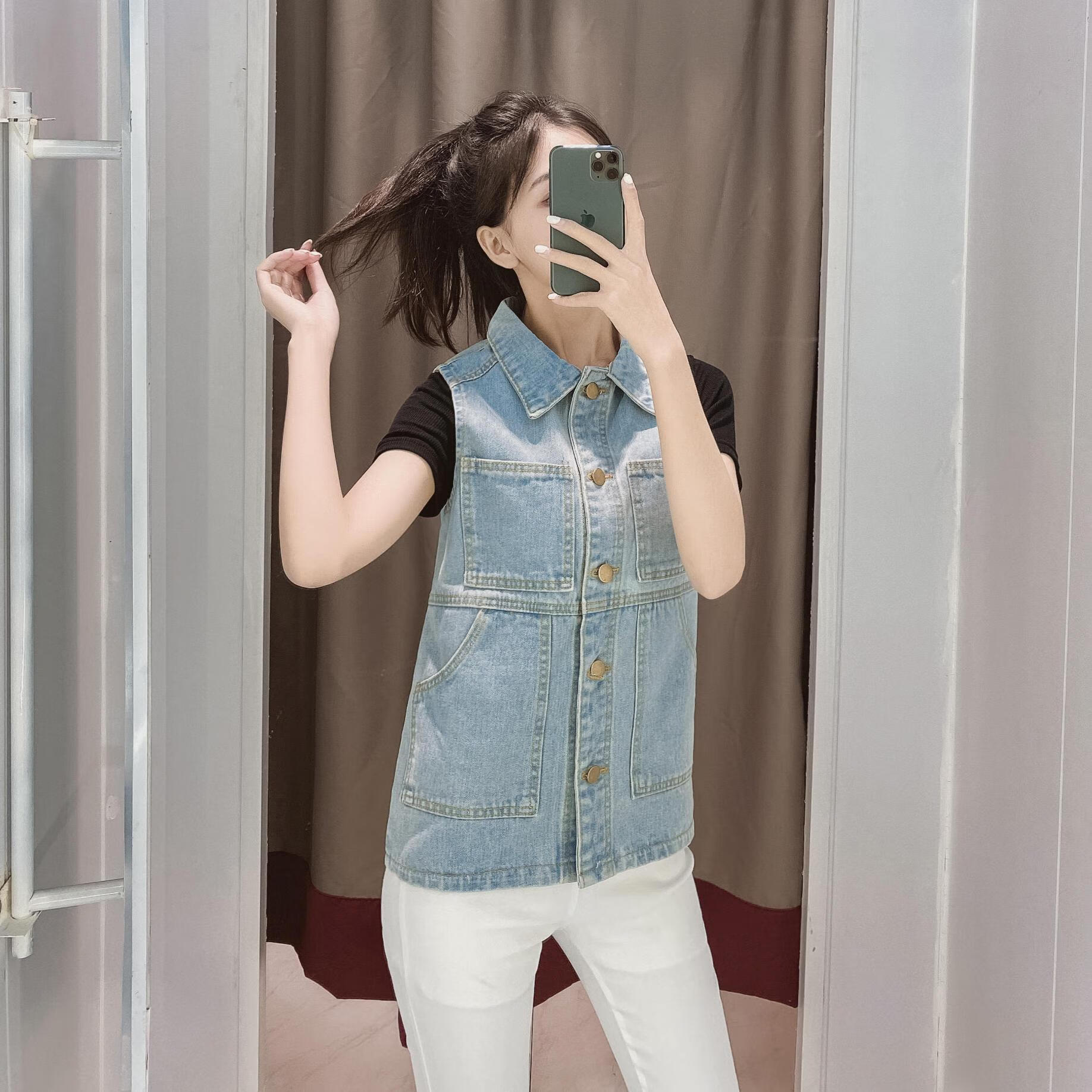 春秋季牛仔马甲女宽松韩版休闲百搭大码工装无袖坎肩外穿马夹外套 深