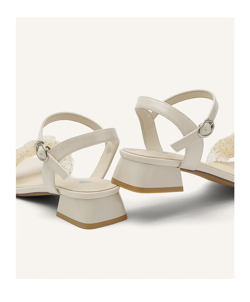 索兰2022年夏新款仙女风网纱装饰一字带扣方头粗跟凉鞋22bn6346米色35