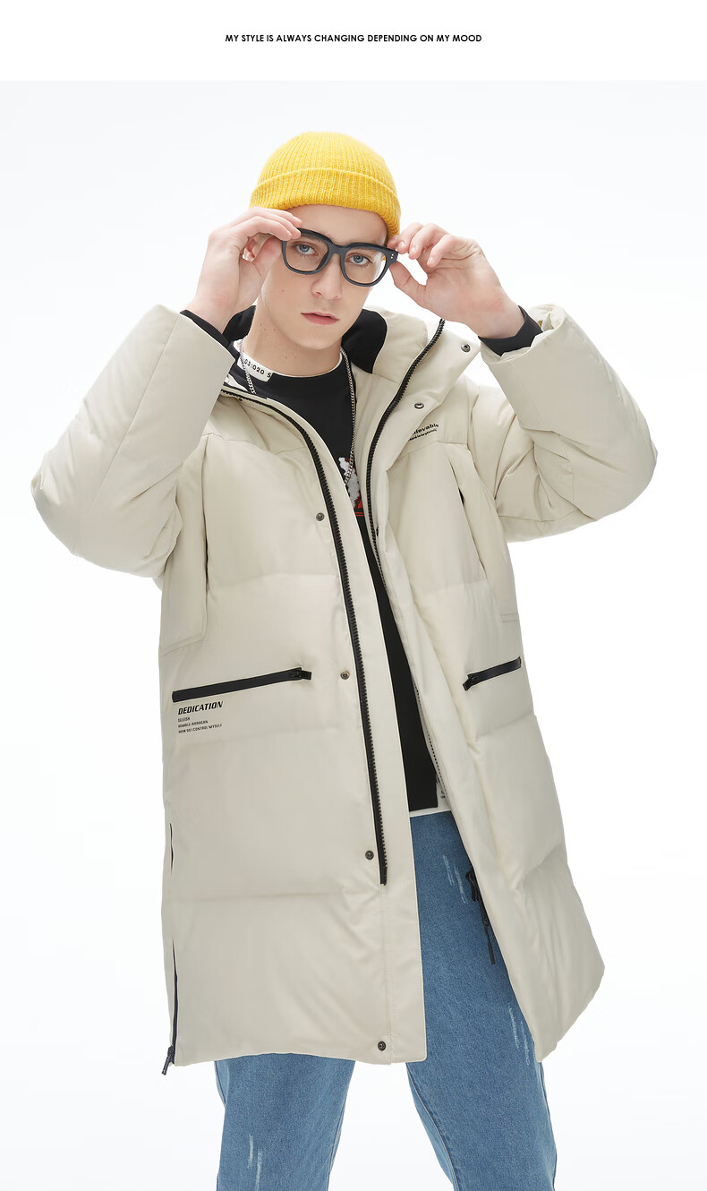 jeans男装2020冬季新款外套男保暖中长款连帽休闲白色羽绒服潮 米白