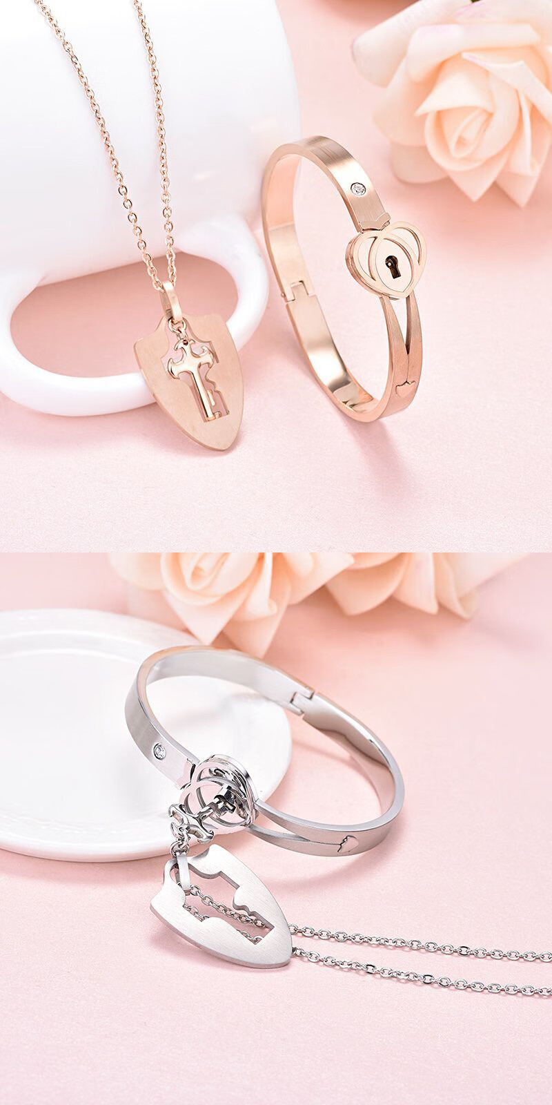 情侣项链手镯钥匙锁同心锁手链一对互锁钥匙解心韩版情人节礼物女友