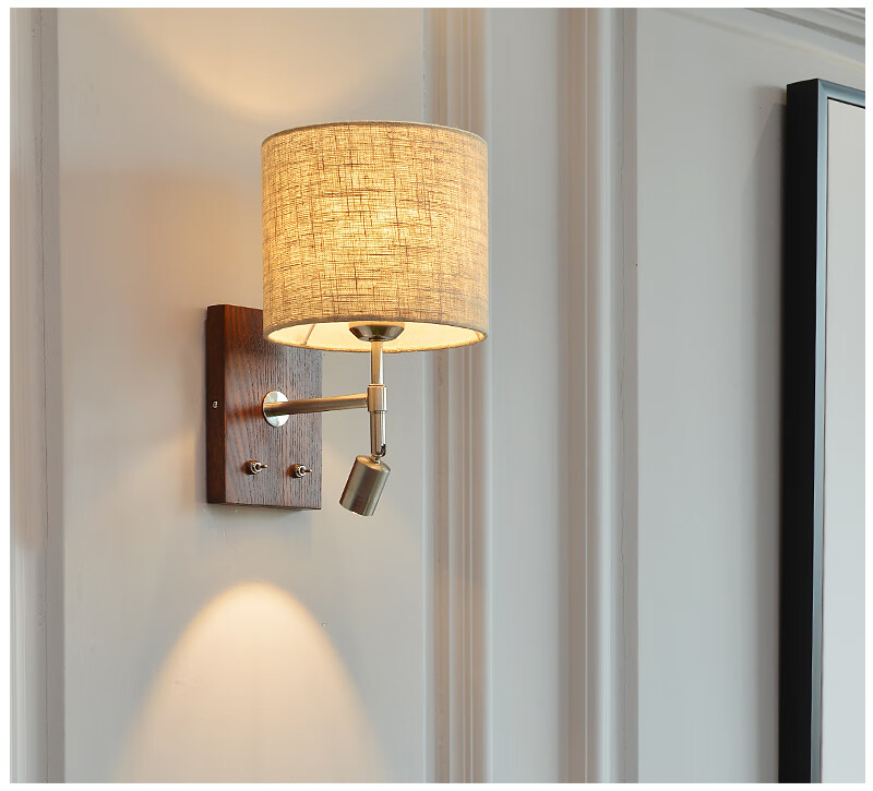 床头壁灯阅读灯led卧室过道简约现代北欧带开关插头线实木墙壁灯带线
