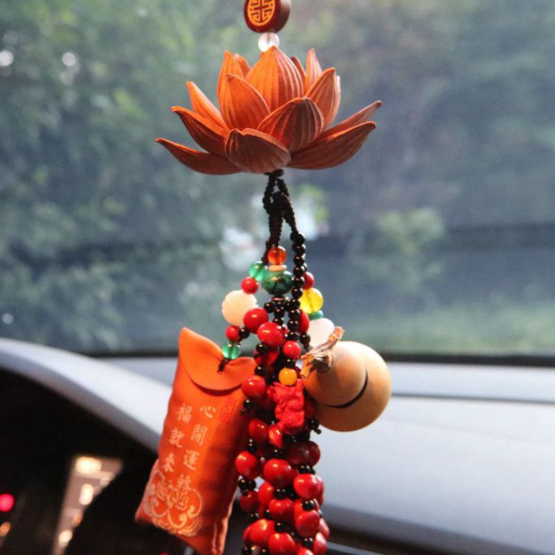莲花车挂手工莲花车挂件纯手工编制真葫芦红豆汽车挂件车饰品桃木莲花