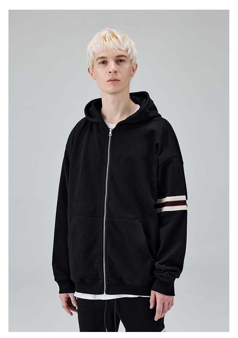 climax vision袖子织带条纹拼接拉链开衫连帽卫衣情侣帽衫外套 黑色 s