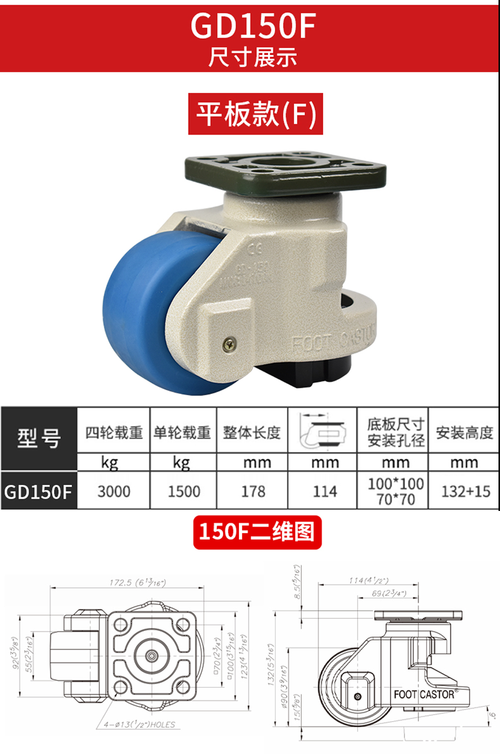 40fs 60f 80f 100f 120f水平調節支撐腳輪三角板腳輪150f萬向輪 gd