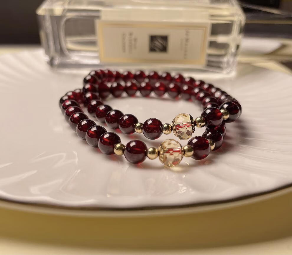 红石榴手链女酒红色石榴石切面黄水晶手串红色宝石水晶美容 8mm石榴石