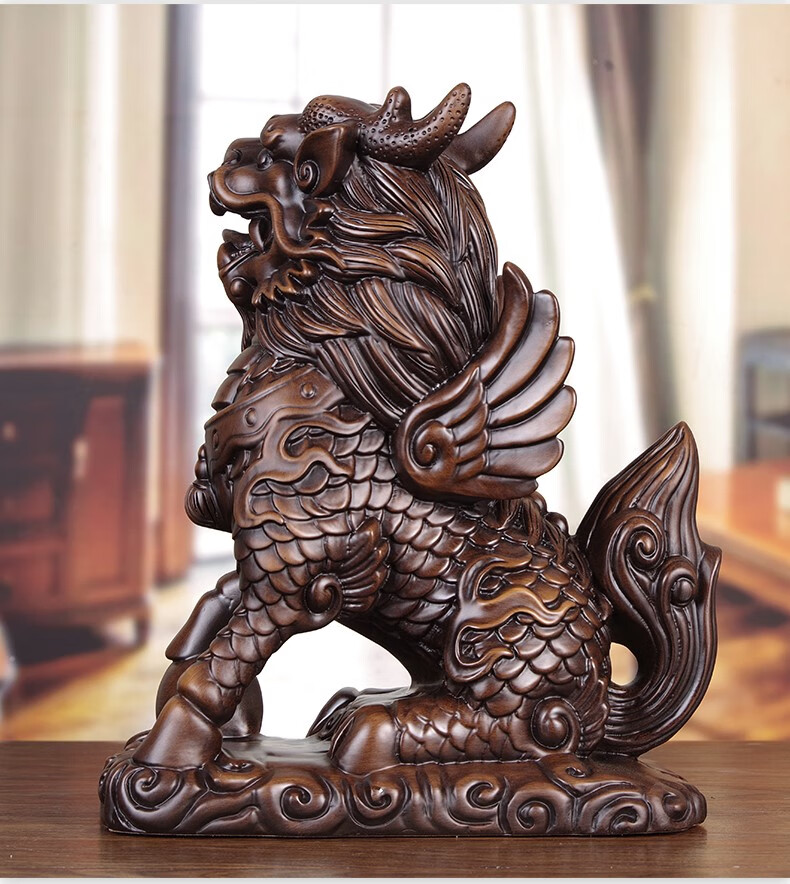 麒麟摆件镇i宅实木雕麒麟摆件公母一对中式手工艺品玄关柜客厅送子麒