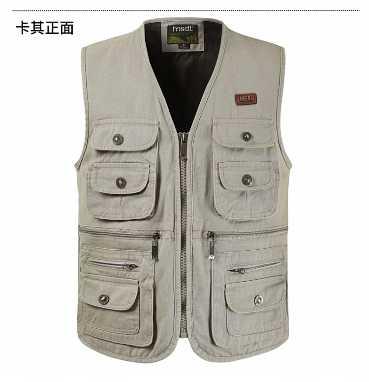 户外休闲中老年记者摄影马甲坎肩钓鱼多口袋纯棉潮牌大码宽松背心 米