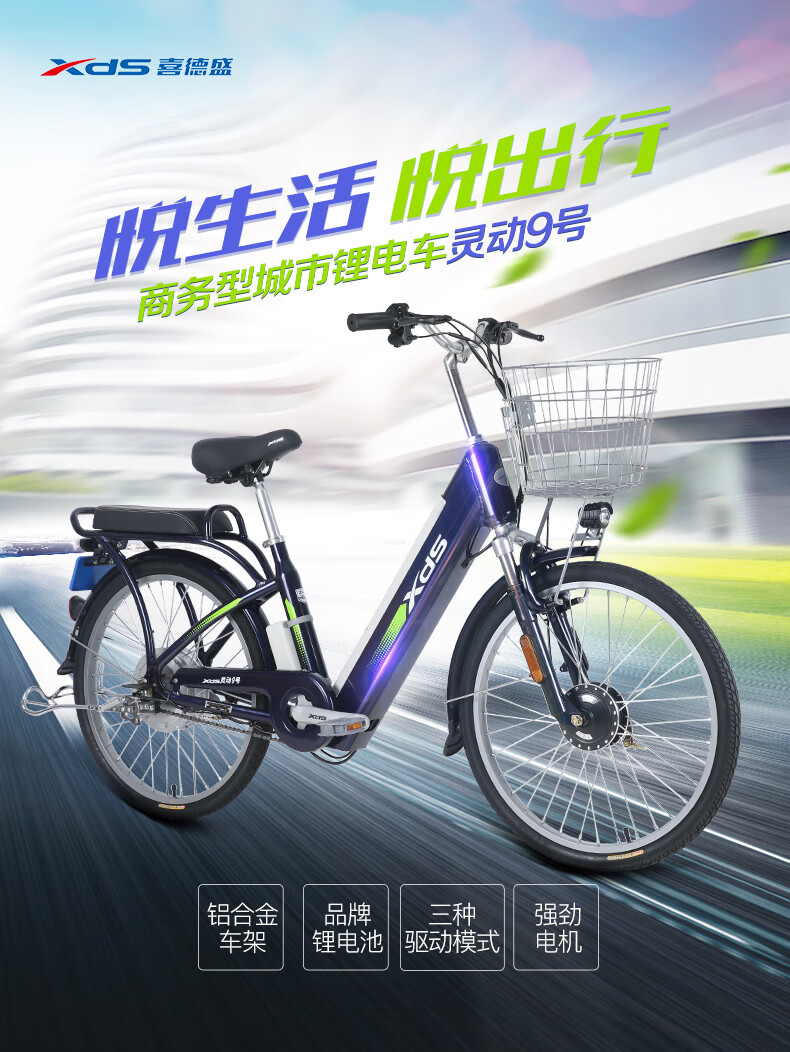 喜德盛電動自行車靈動9號新國標休閒代步24寸輪徑48v10ah鋰電池助力車