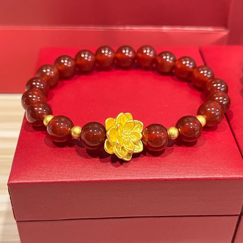 2022年黄金转运珠金珠子手串520情人节礼物送老婆黄金莲花手串玛瑙款