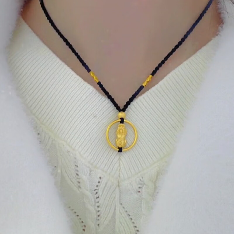 520礼物999足金素圈貔貅项链男女同款黄金平安扣素圈吊坠编织黑绳锁骨